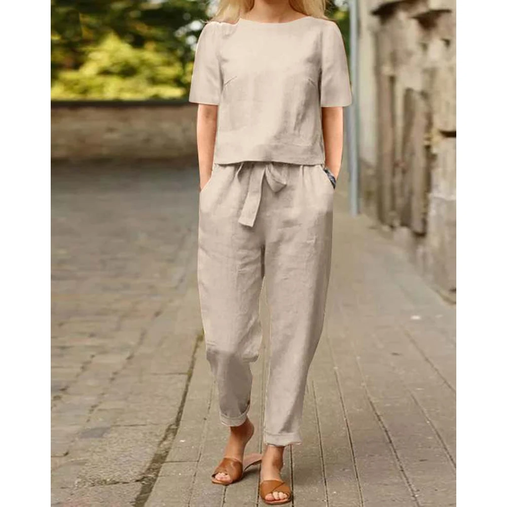 Women Cotton Linen Short Sleeve Round Neck Top & Pencil Pants Set Causal Solid Color Female Two Pieces Suit Set Streetwear