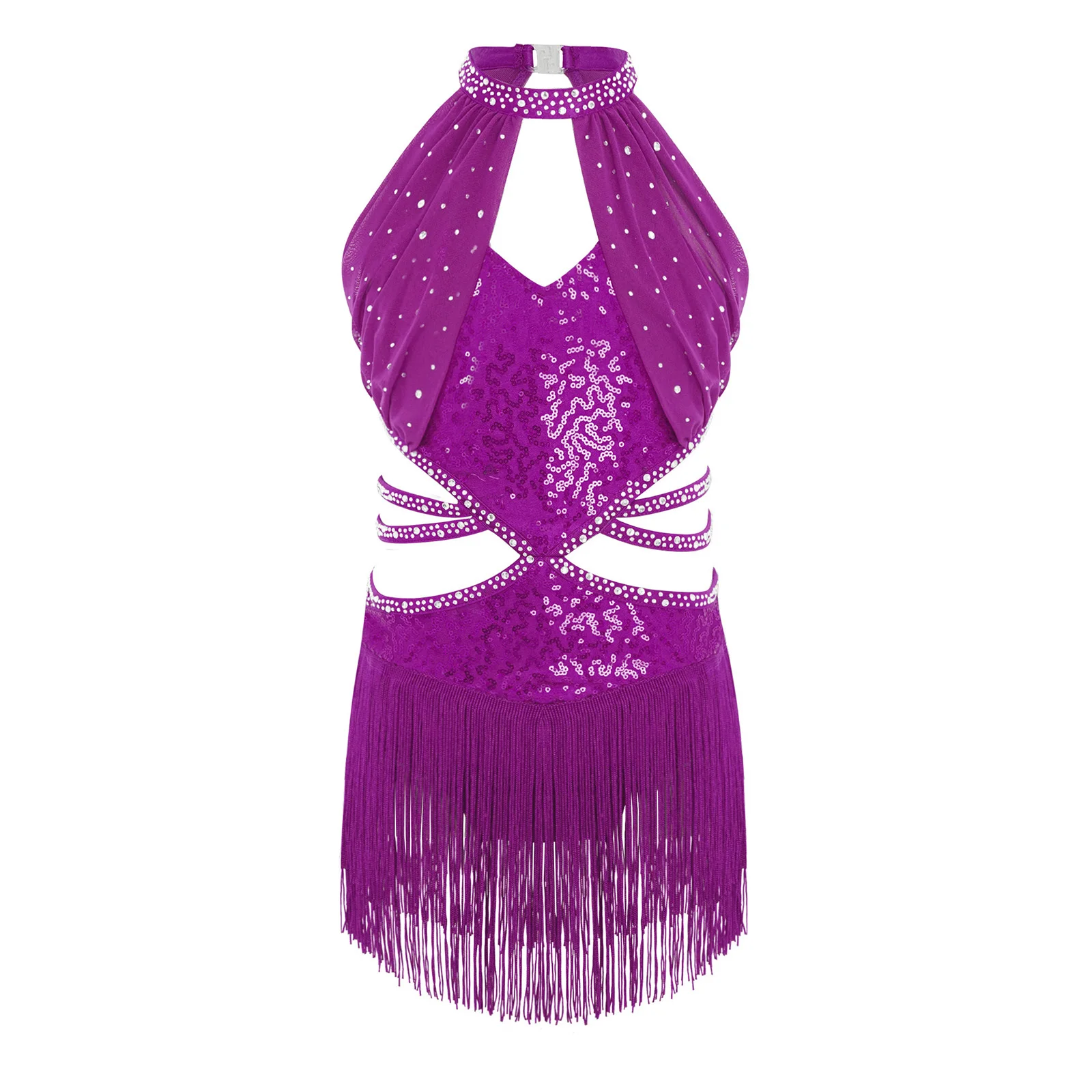 Girls Samba Salsa Jazz Tango Dancewear Kids Latin Dance Dress Sleeveless Mesh Overlay Cutout Tassel Sequin Cha-cha Leotard Dress - view 5