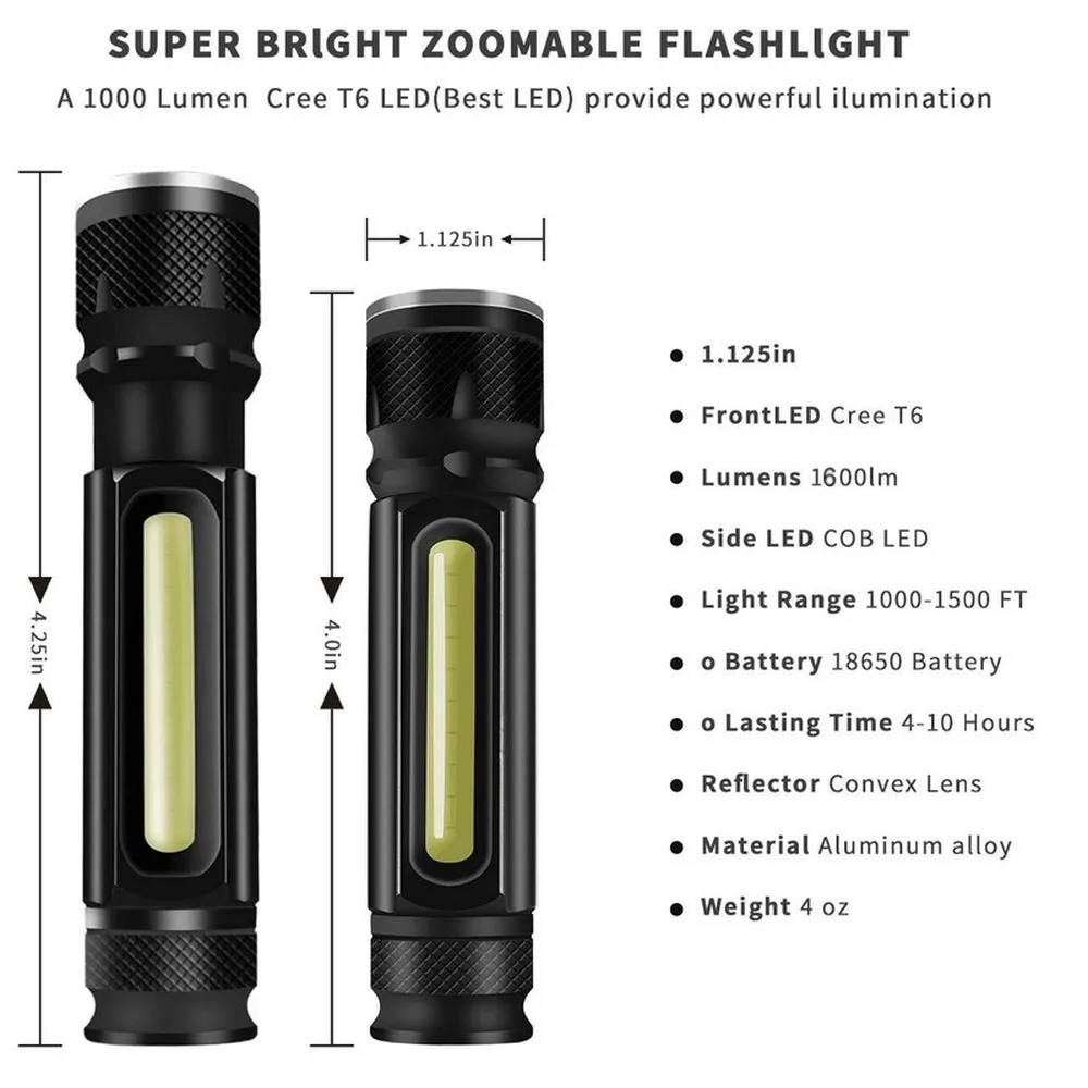 Built-in Battery LED Flashlight USB Rechargeable T6 COB Torch Zoom 5 Modes Flash Light Magnetic Attraction Waterproof Outdoor