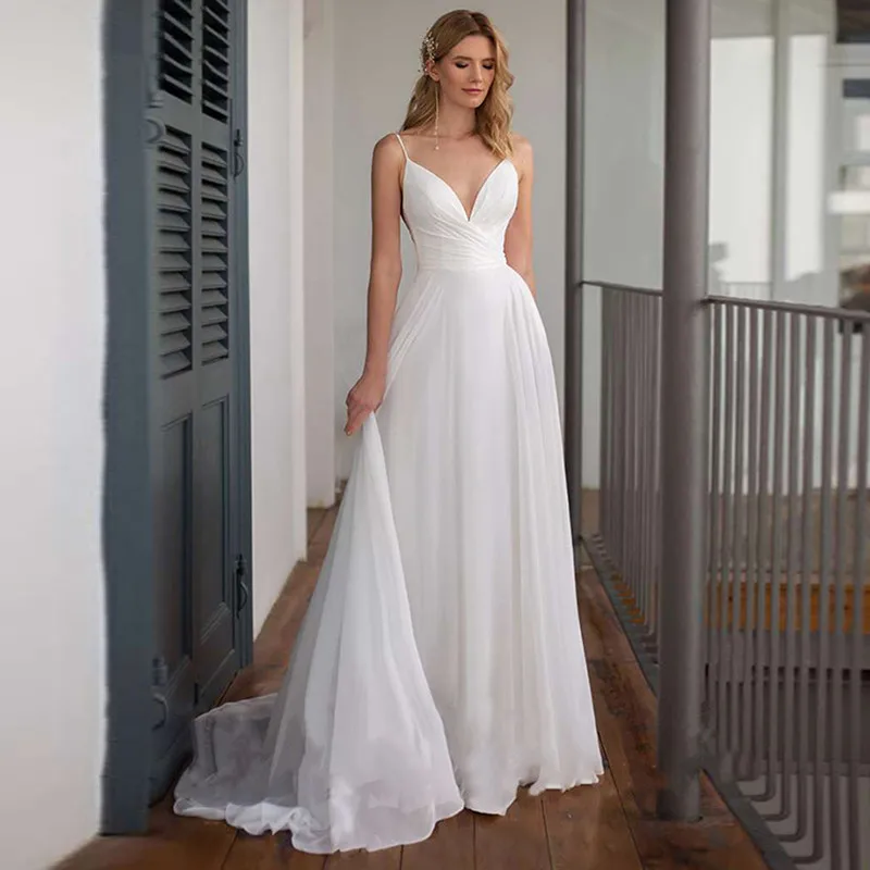 Simple V-Neck Sleeveless Wedding Dresses Chiffon Spaghetti Straps Open Back Bridal Gowns A-Line Train Robe De Mariée Customized