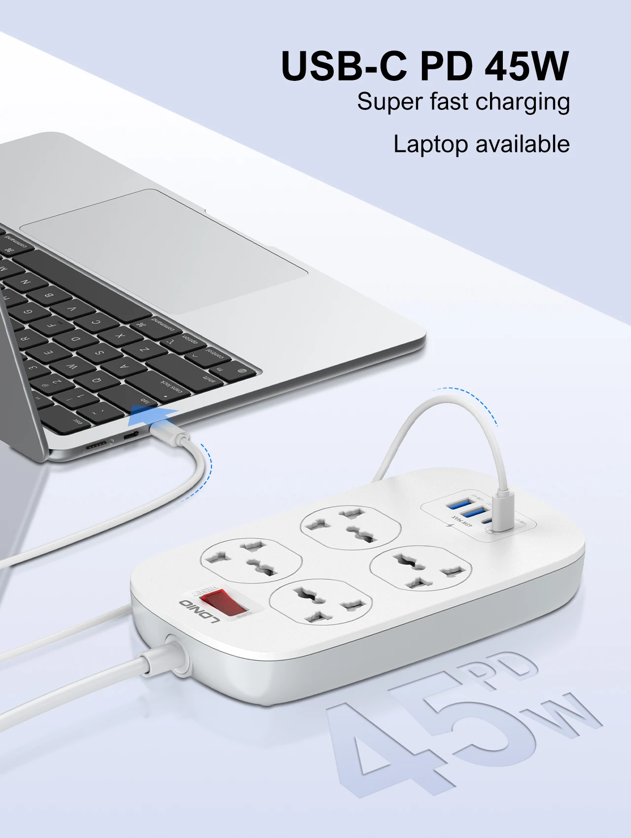 LDNIO 4 منافذ قطاع الطاقة العالمي مع 45 واط PD USB C شحن سريع 2 متر تمديد كابل عرام حامي الاتحاد الأوروبي الولايات المتحدة المملكة المتحدة التوصيل المقبس