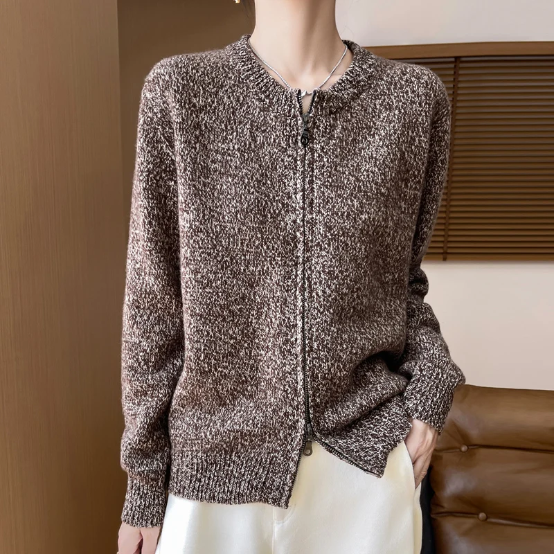 Round Neck Cardigan Women\'s Cashmere Knitted Jacket With Zipper Loose Long Sleeves Autumn Winter New Versatile Warm CommutingTop