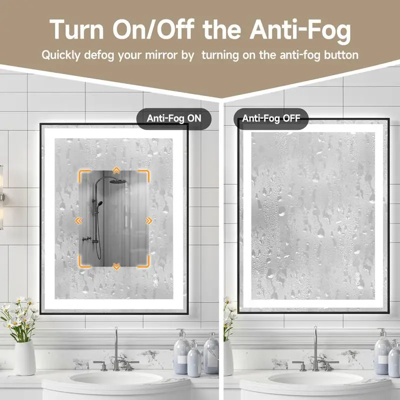 مرآة مقسى سوداء مقاس 28 × 36 مع شرائط إضاءة LED مزدوجة للإضاءة الأمامية والخلفية