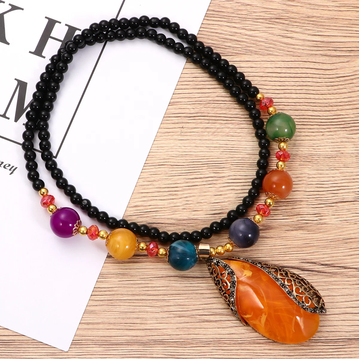 

Bohemian Style Sweater Chain Necklace Agate Pendant Colorful Beads Elegant Jewelry Clothes Accessory Birthday Gift for Women