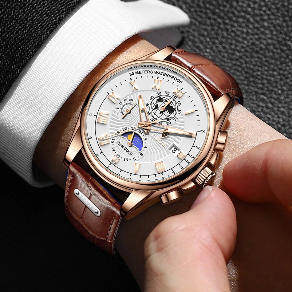 LIGE Men Quartz Wristwatch Gentleman Business Men Watches Leather Strap Watch for Men Luminous Chronograph Date 24 Hours Clock