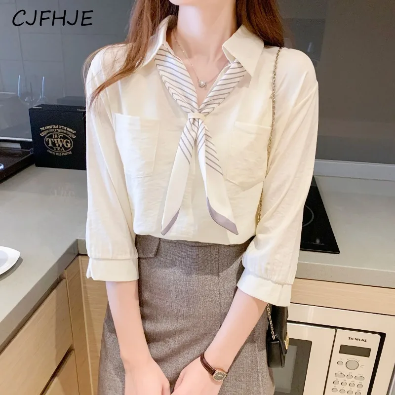 CJFHJE New Women's Fashion Stripe Tie 3/4 Sleeve Shirt Spring Korean Versatile Solid Color Women Elegant Polo Neck Shirt Top