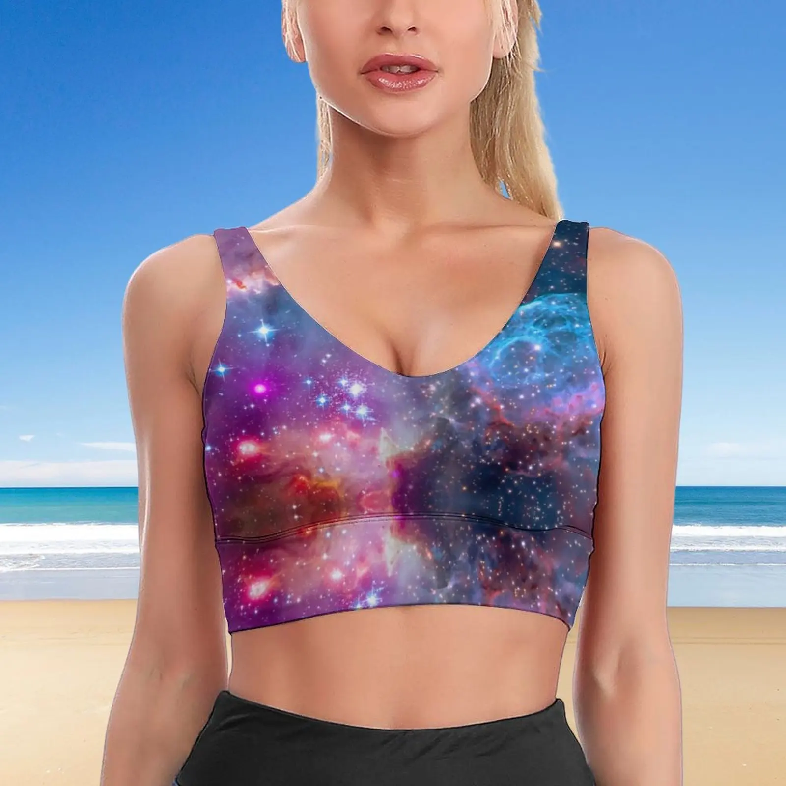 Super Galaxy Sky U Neck reggiseno sportivo colorato Space Print Support Beach V Back Crop Bras Pilates Top traspirante per signora