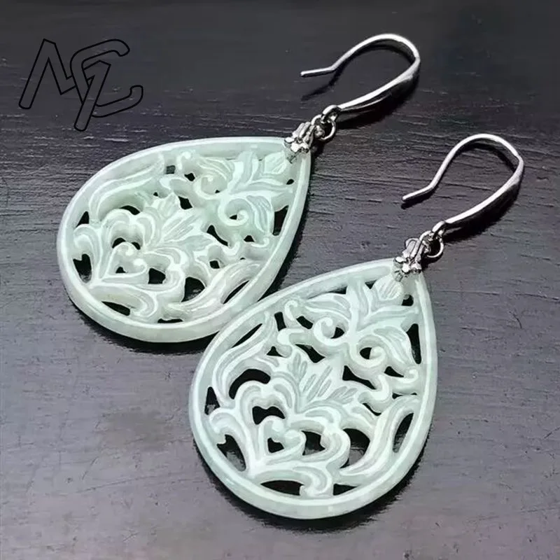 

925 Silver Natural Emerald Jade Hollow Out DIY Earrings Charm Jewellery Fashion Accessories Hand-Carved Woman Luck Amulet Gifts