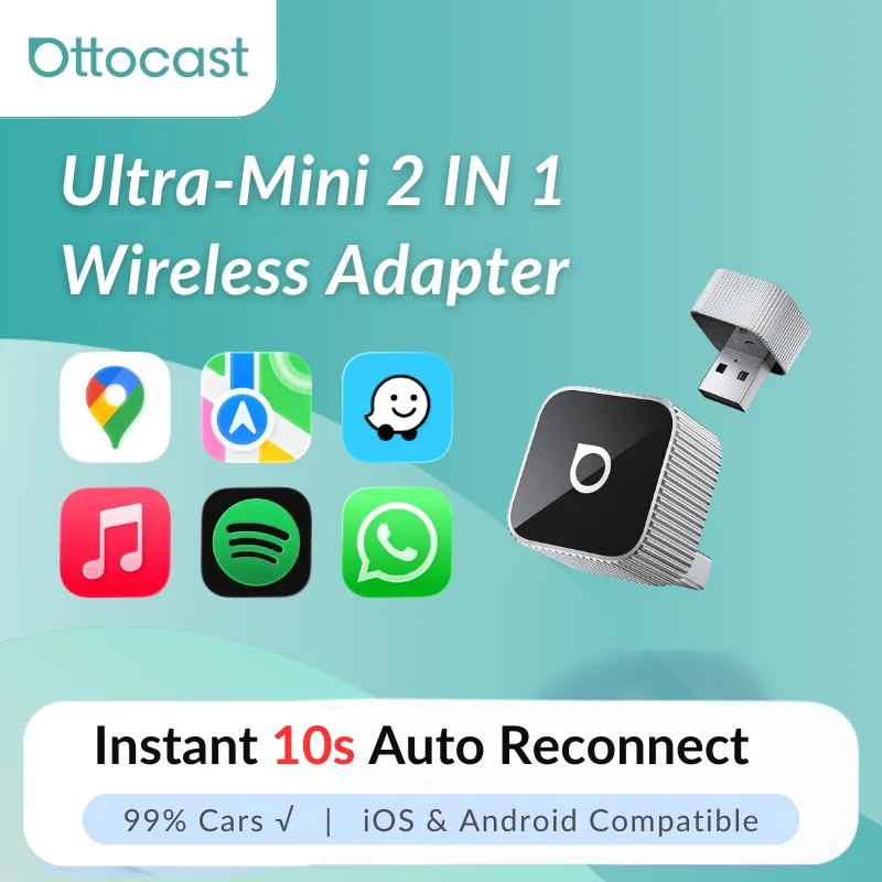 محول Ottocast Mini Slim Carplay Android Auto Wireless Compact Auto Reconnect Dual Device Memory الاقتران السريع لشركة Fiat Audi