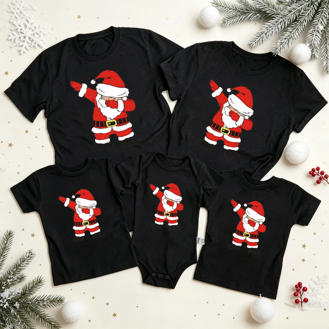 Santa Print Christmas Family Matching Clothes Mother Father Kids T-shirt Tops Baby Romper Xmas Party Family Look Outfit T Shirts