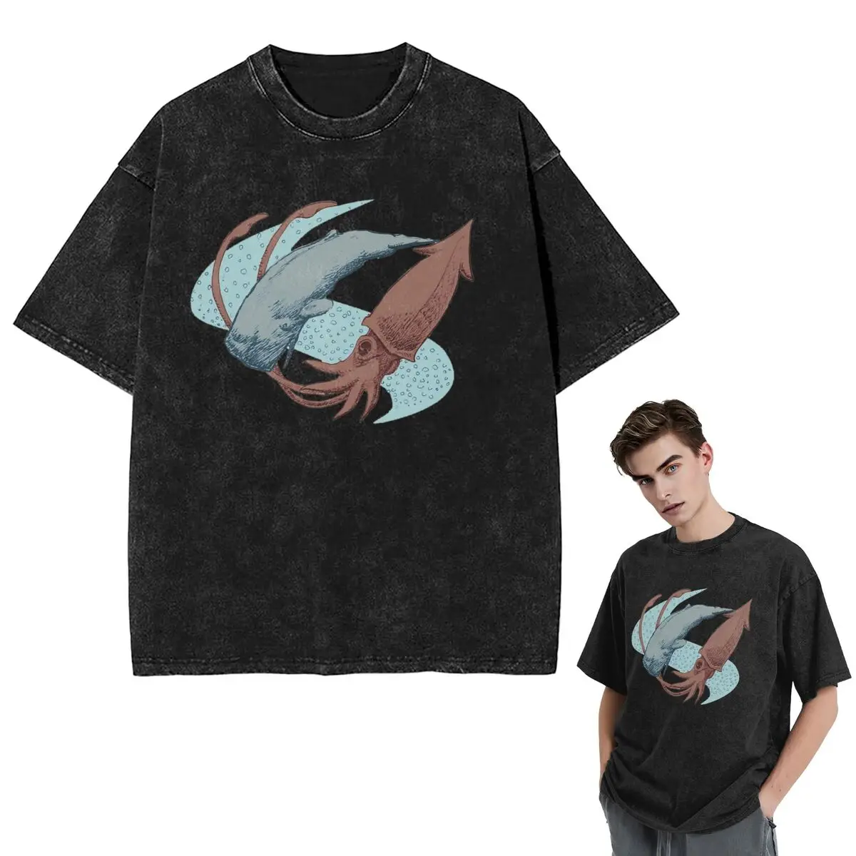 

Уличная одежда Футболки Sperm Whale Vs Giant Squid Washed Футболка с коротким рукавом Хип-хоп Футболка Топы Футболки для мужчин и женщин