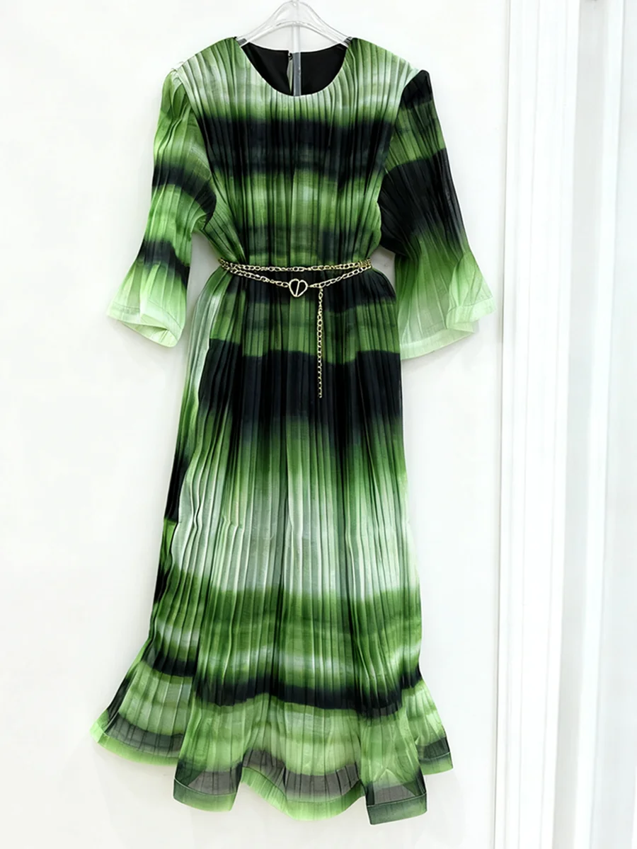 فساتين VGH متدرجة ذات ثنيات مع سلسلة معدنية للنساء برقبة دائرية وأكمام ثلاثة أرباع أنيقة عالية الجودة على شكل حرف A فستان نسائي #4