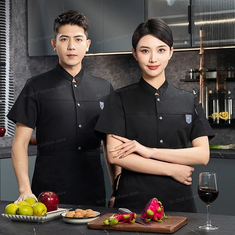 Estate Grigio Uomo manica corta uniforme Giacca da cuoco Grembiule da cuoco Abiti da lavoro logo Pantaloncini da cuoco Cucina da ristorante traspirante