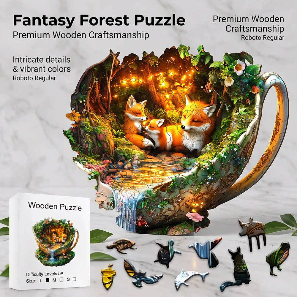 Magical Teacup Forest Fox Family Wooden Jigsaw Puzzle Unique Irregular Animal Shaped Pieces 5A Difficulty Eco Wood Stress Relief Game For Adults Home Wall Decor Christmas Birthday Gift