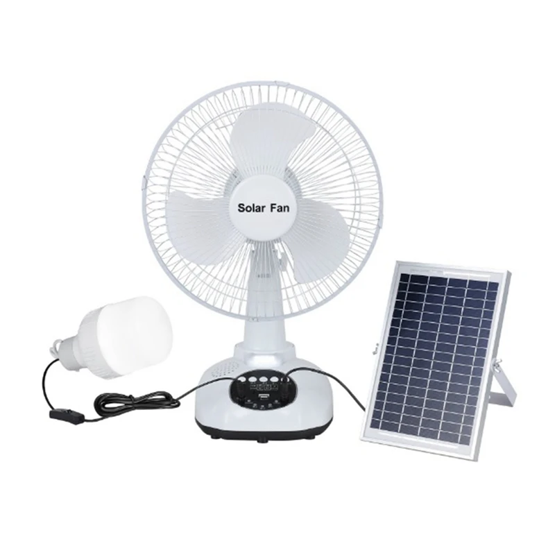 Retail 12 Inch Solar Fan Portable Rechargeable Fan With Solar Panel 3 Gears Wind Music Playback LED Light For Camping