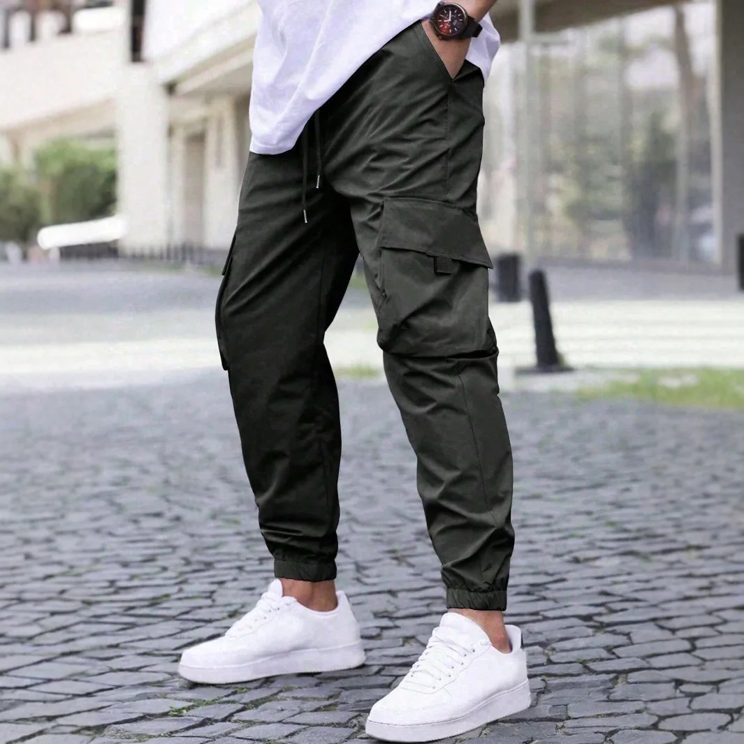 

2025 Men Casual Pants Jogger Tactical Trousers Multi Pocket Workwear Solid Color Drawstring Autumn Winter