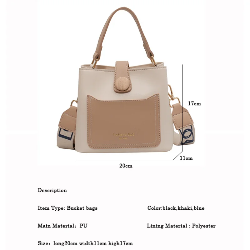 Fashion Women PU Leather Small Bucket Tote Bags Luxury High-capacity Handbags Wide Strap Female Shoulder Crossbody Messenger Bag