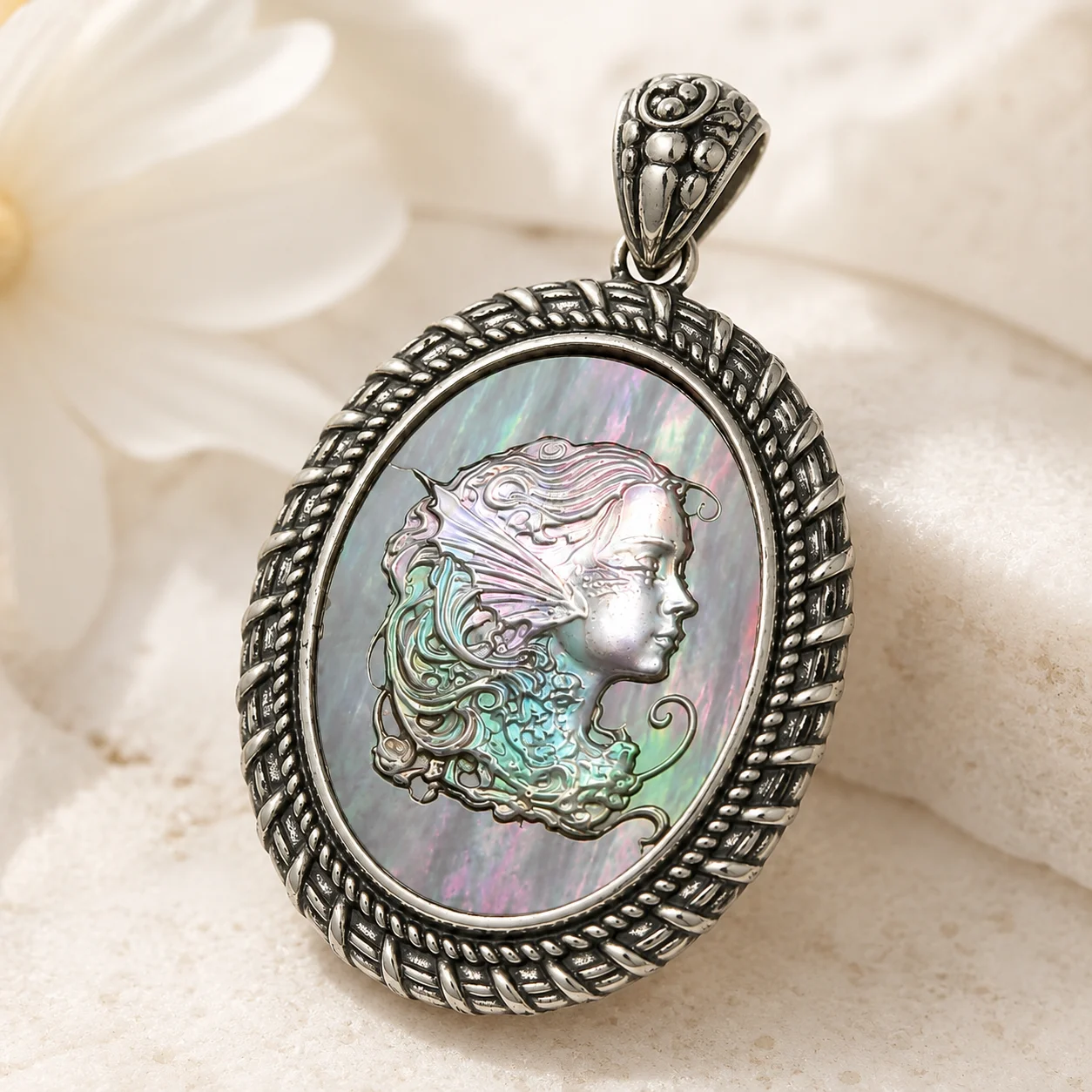 

925 Sterling Silver Black Mother of Pearl Mermaid Cameo Pendant Iridescent Shell Jewelry for Women