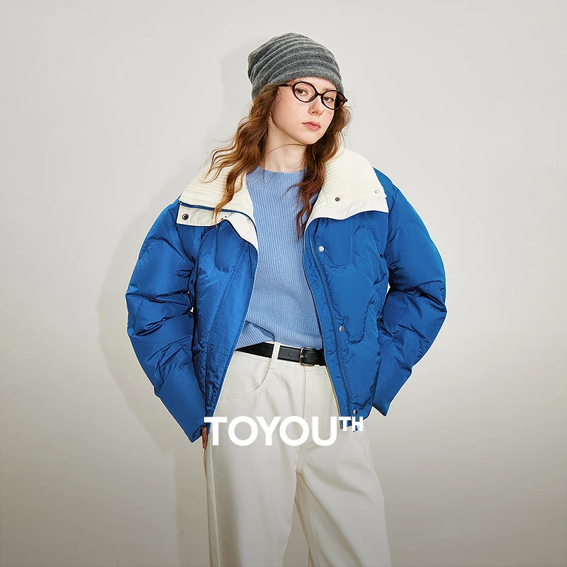 TOYOUTH Damen Daunenjacke 2025, Winter, neu, 90 % weiße Entendaunen, gestrickter Kragen, leicht, dick, warm, Brotjacke, Mantel, Blau