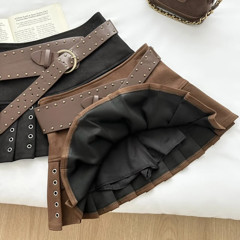 Mexzt y2k camurça mini saia feminina harajuku cinto gótico preto saias plissadas outono gyaru vintage streetwear design grunge faldas