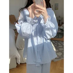 2024 New Spring Autumn Pajamas 2 Piece Set Women Korean Gentle Stripes Comfortable Long Sleeve Pants Suit Leisure Loose Homewear