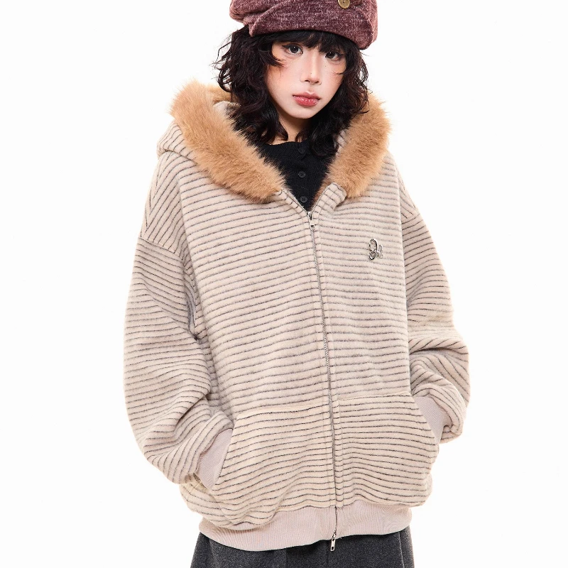 

Autumn Winter New Striped Fur Collar Fleece-Lined Women's Coat Retro Design Loose Versatile Warm Hooded Sweatshirt Coats Ladies