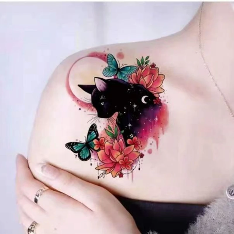 New Sexy Moon Cat Temporary Tattoo Waterproof Sticker Big Picture Butterfly Chest Faux Tatouage Back Flower Arm Tatuajes Falsos