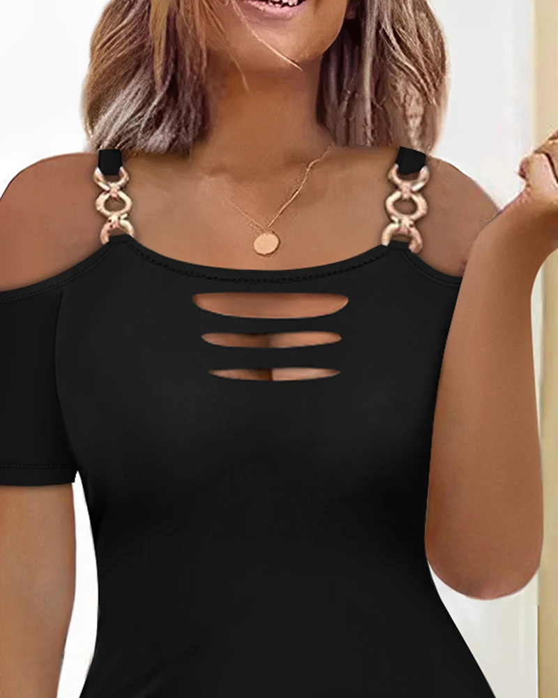 Top hollow collar metal chain shoulder strap short sleeved T-shirt