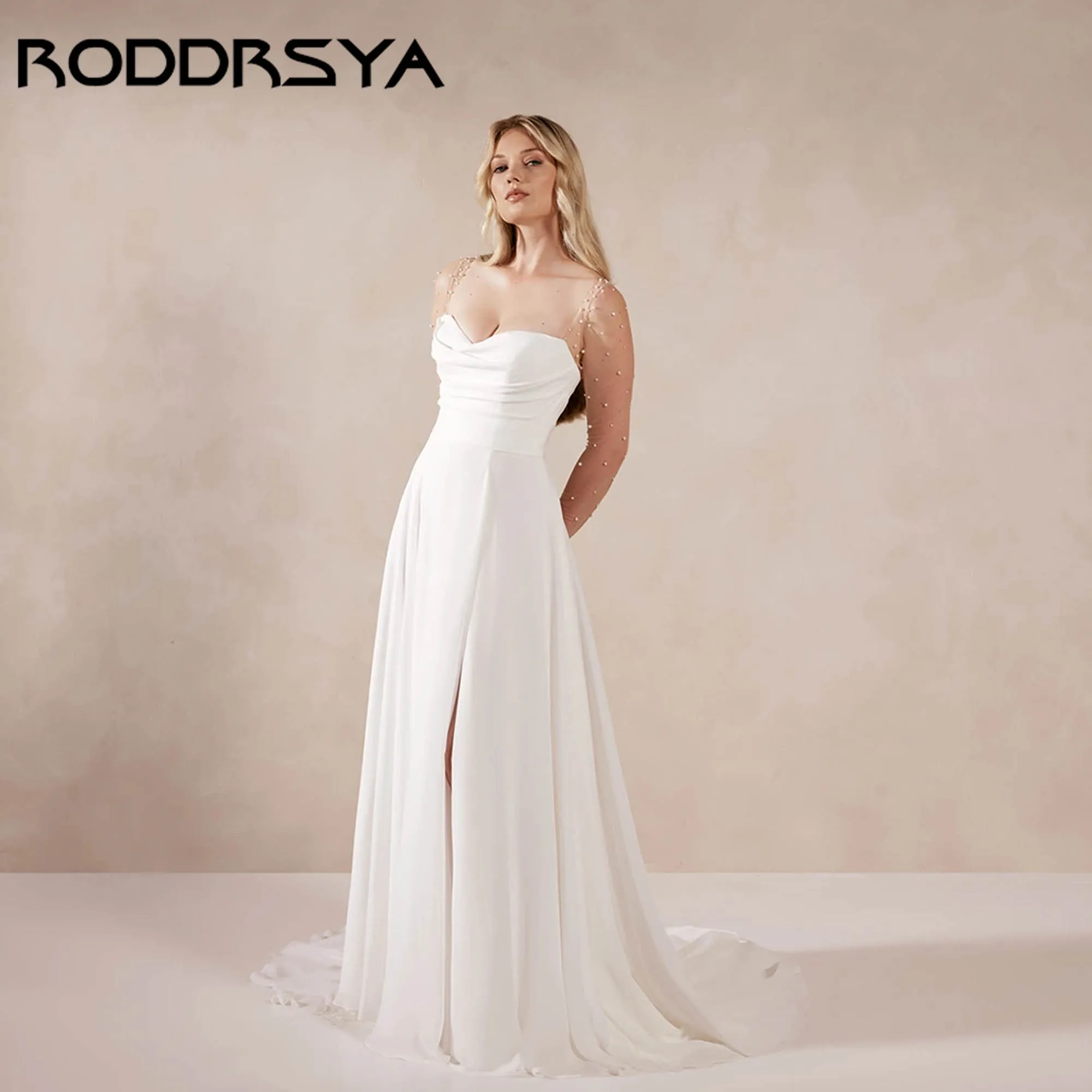 

RODDRSYA Elegant Long Sleeves Bridal Dress With Pearls Minimalist Chiffon Wedding Gown A-line Backless robe de mariée Customized