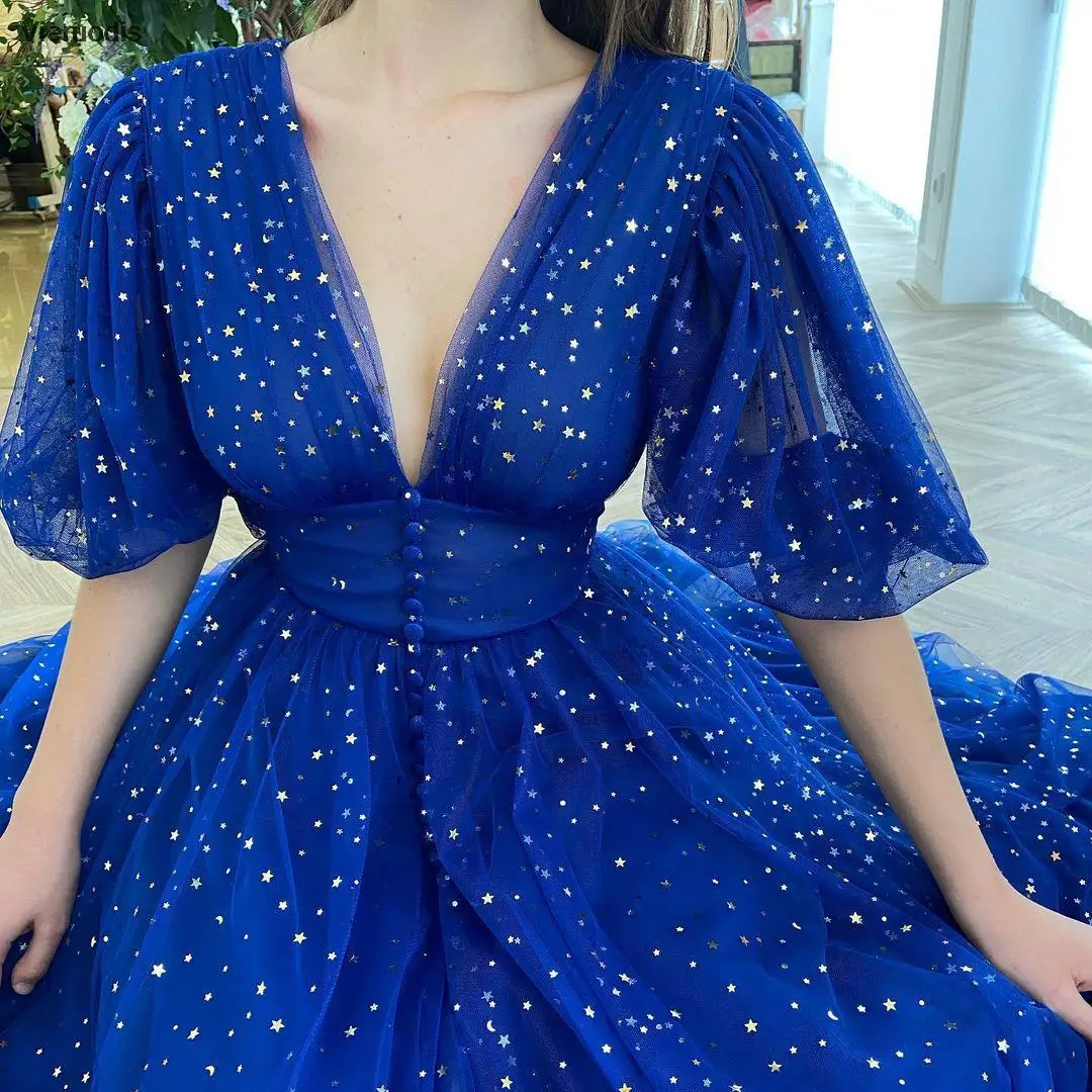 فستان أزرق ملكي برقبة على شكل حرف v وأكمام منتفخة للاحتفال بنجوم ترتر للحفلات الراقصة على شكل حرف a مطوي ثنيات مطرزة فستان سهرة دبي #3