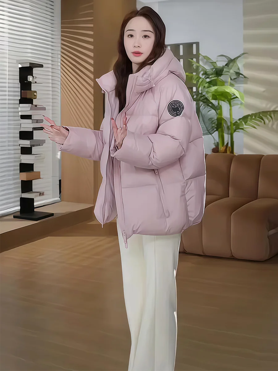 

Розовая зимняя куртка-пуховик средней длины для женщин, 90% белый пух, теплая, стройнящая, повседневная, на молнии