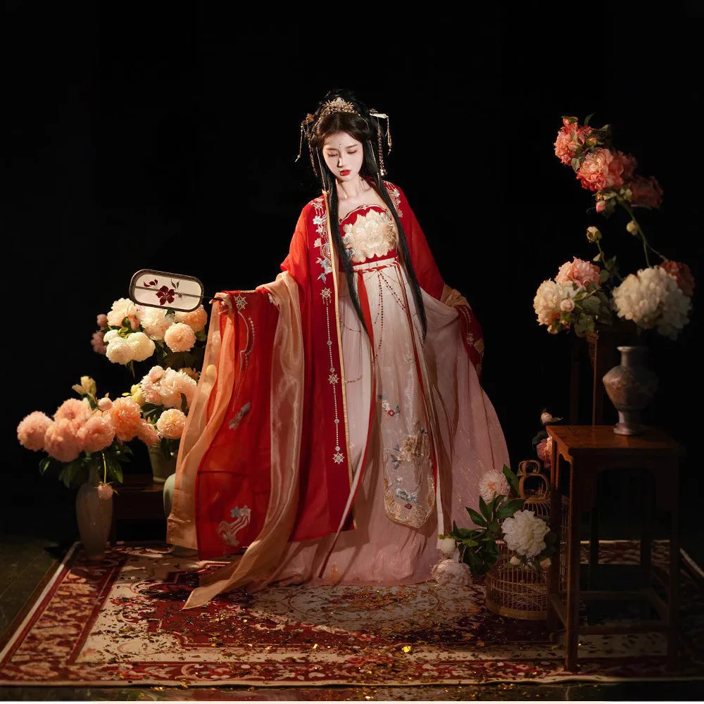 

Chinese Style Classic Model the 12 Floras Peony Machine Embroidery Double-Layer Big Sleeve Cheok Skirt