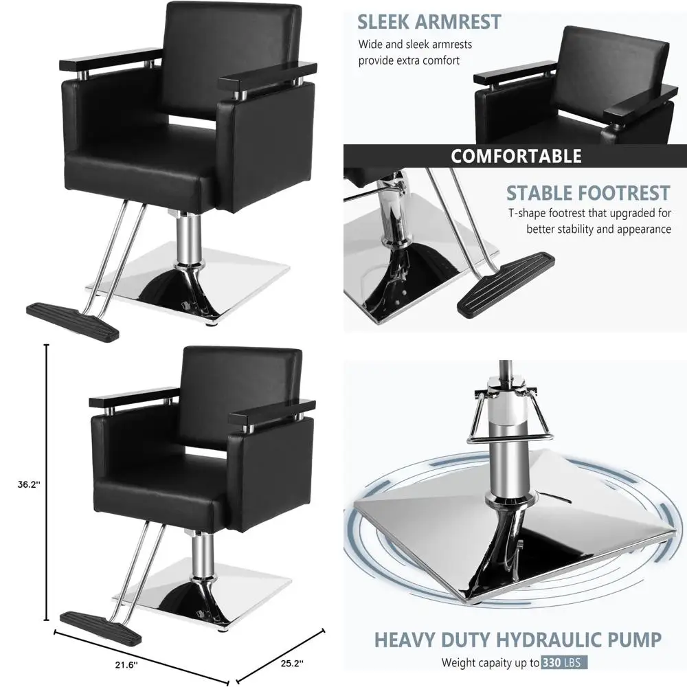 كرسي تصفيف هيدروليكي لصالونات الشعر - كرسي حلاق حديث بقاعدة مربعة ومسند للقدمين وميزات دوارة 360 درجة ومريحة