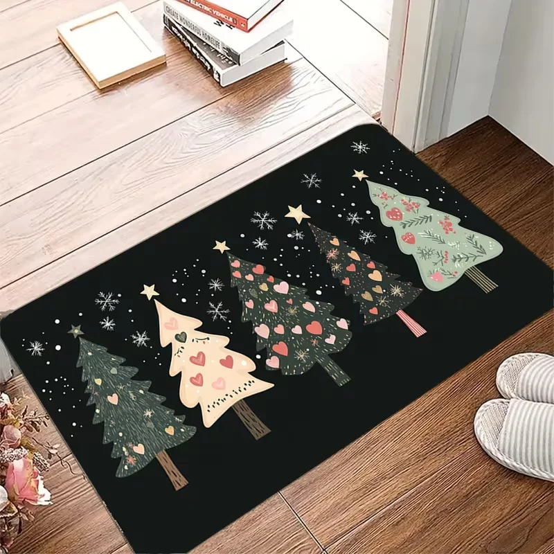 Pink Pastel Christmas Doormat Xmas Tree Gift Box Candle Bow Print Entrance Rug Cute Sweet Home Carpet for Bedroom Entryway