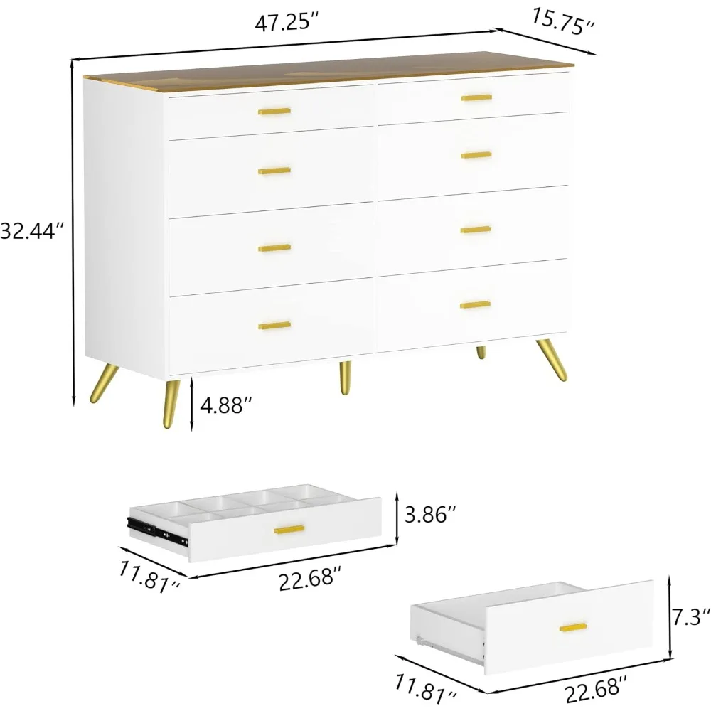 White Dresser with LED Lights for Bedroom,8 Drawer Dressers with Tempered Glass Top,Chests of Drawers with 2 Grid Drawe