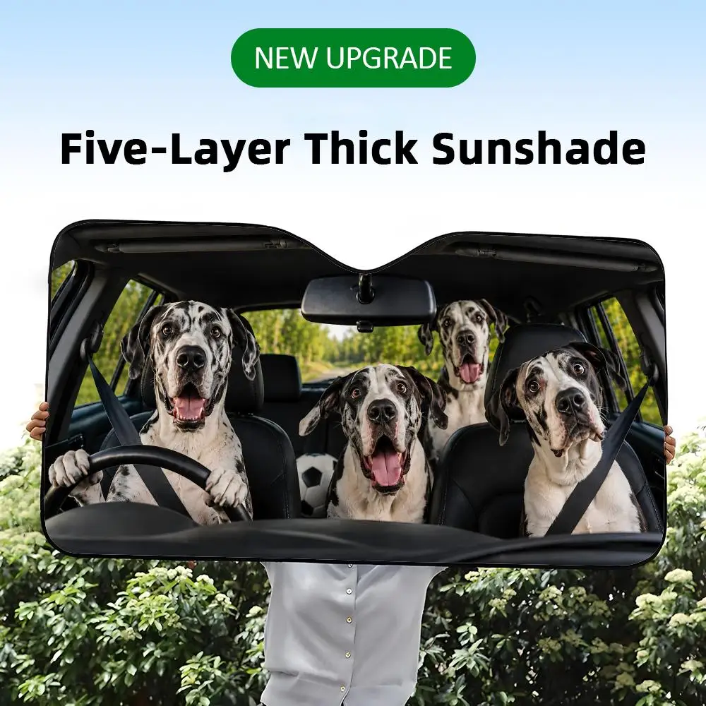 A five-layer thick car windshield sunshade with a funny graphic print of Great Dane dogs throwing a soccer party.