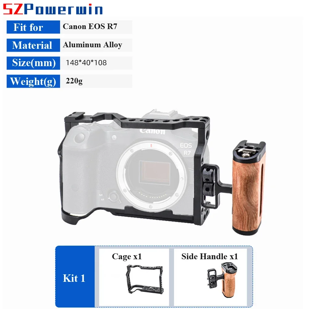 Powerwin Camera Cage For Canon EOS R7 with wooden Handgrid Handle Kit Aluminum Alloy Multifunctional Arri Locating Screw