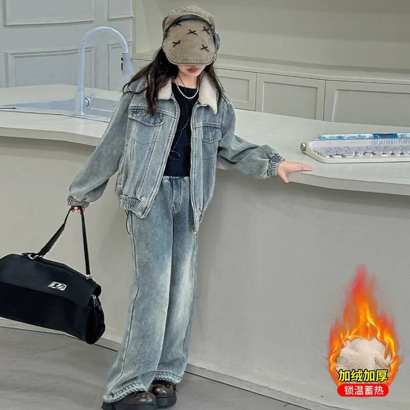 Girls Winter Korean Denim Set 2024 New Thick and Fleece Cold Warm Denim Set Coat and Pants Two-piece Set Clothes Fashion image 3