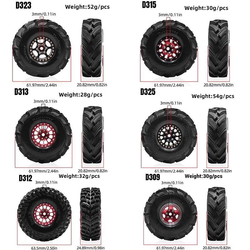 

1/18 TRX4M SCX24 FMS Ascent-18 1.0 Inch Wheel Rims & Tires - Rock Crawler Tire Casings