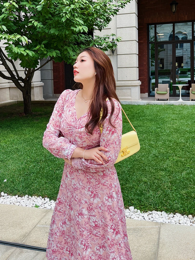 

Slimming V-Ne Midi Dr for plus Size Women Autumn Faionable Floral Print Chiffon Dr Sweet Sle High Waist Zipper Cl...