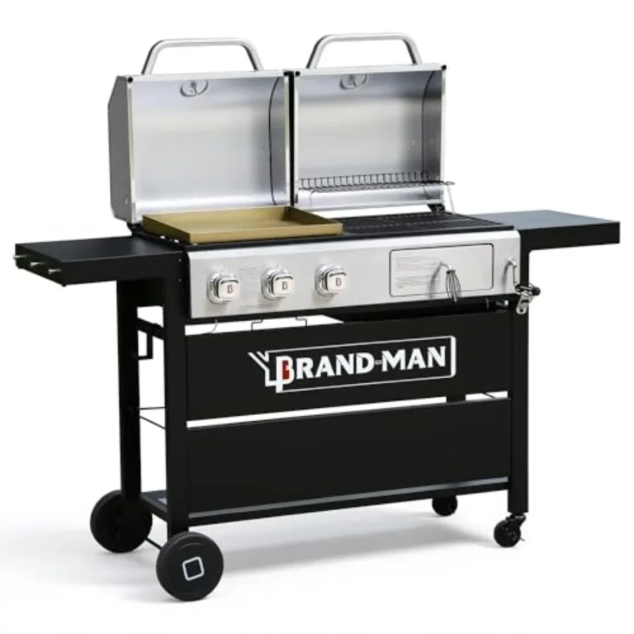 

Outdoor barbecue grill and griddle combo with propane gas and charcoal dual fuel, black steel construction, versatile cooking v