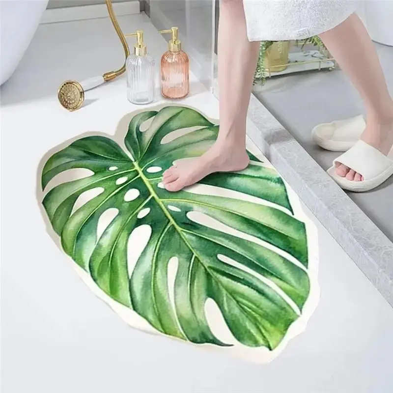 AT05-Bath Mats For Bathroom Door Mats Area Rug Green Leave Diatom Mud Bath Mat Absorbent Shower Mat Non-Slip Bathroom Mat