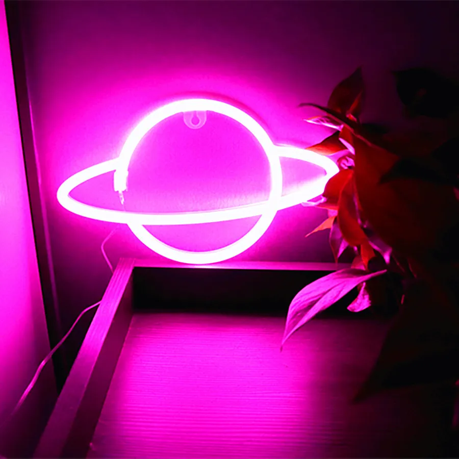 LED Neon Night Light Planet Shape Wall Night Lamp Xmas Birthday Gift Party Wall Hanging Neon Lamp Home Decor Ambient Lights