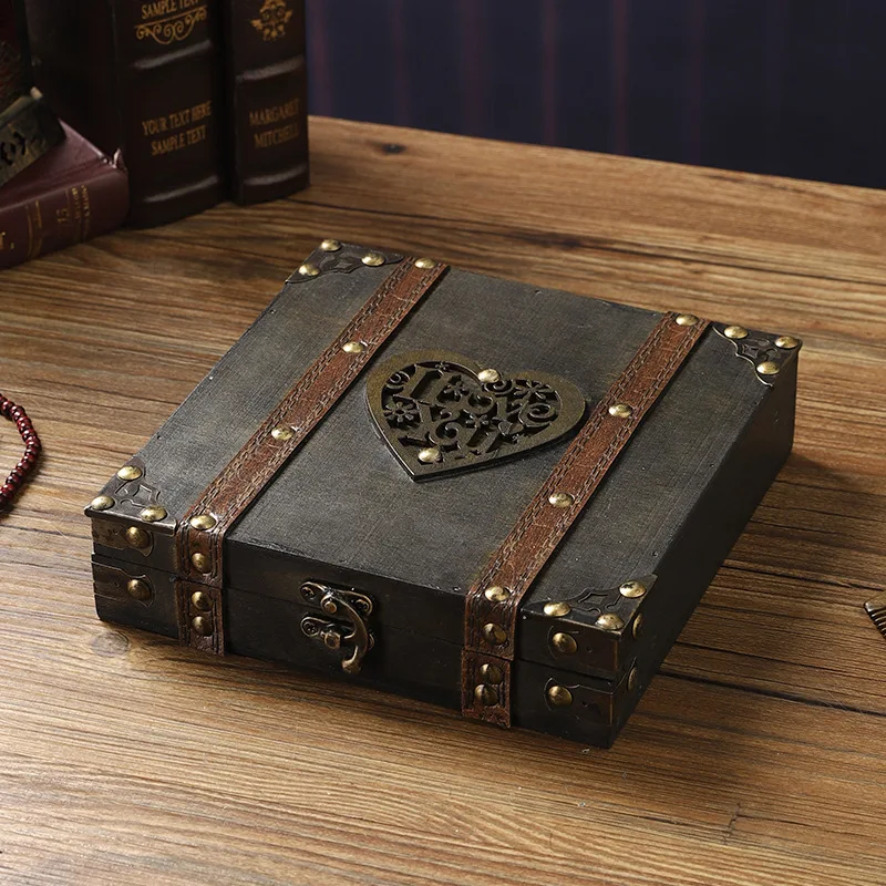 Wooden Teasure Chest Box Retro Large Capacity Necklace Jewelry Storage Case With Lock Exquisite Antique Wedding Gift Box