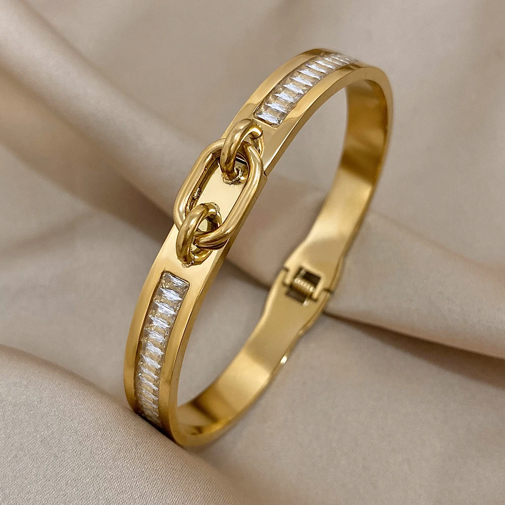 AENSOA  Stainless Steel Lock Buckle Cubic Zirconia Charm Bangle Cuff Bracelets for Women Men Punk Gold Plated Waterproof Jewelry