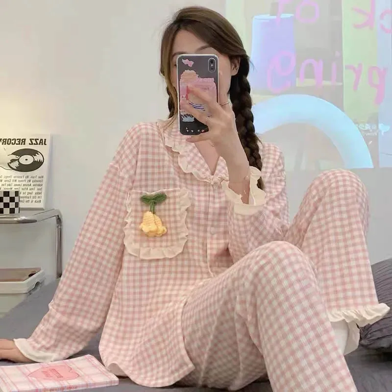 Plaid Sleepwear Women Pajama Sets Pocket Long Pants Sets 2 Pieces Piiama Ruffles Korean Style Full Sleeve Autumn Night Wears New