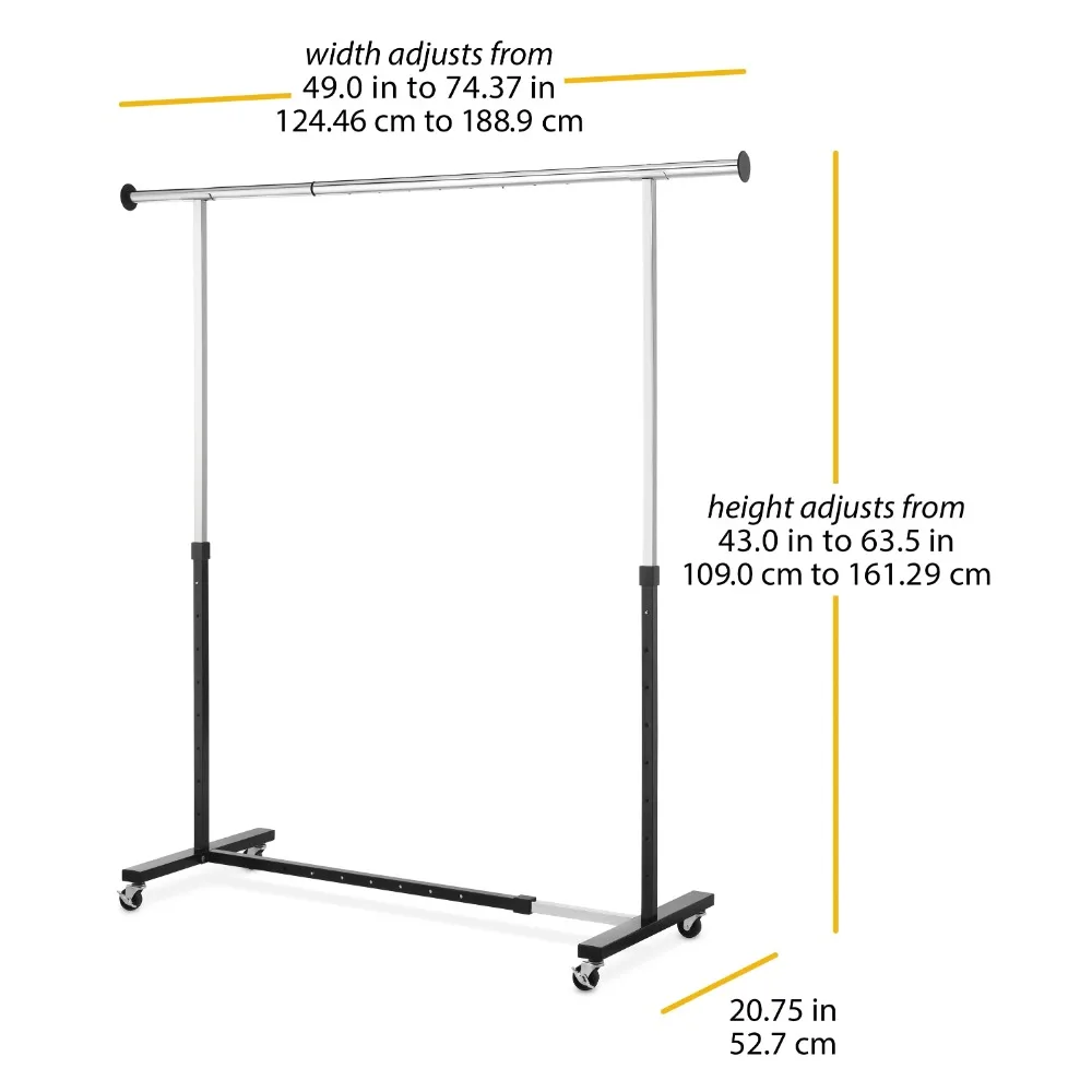 Adjustable Rolling Expandable Garment Rack, Metal, Black and Chrome, for Hanging Clothes, Ulti-Functional Clothing Rack