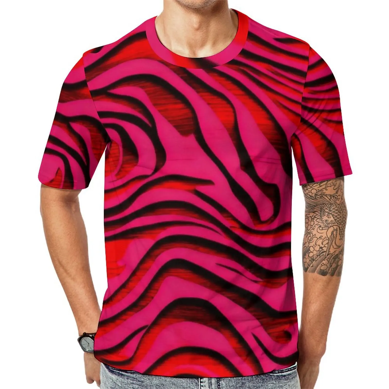 Man Vibrant Zebra Stripes Print T-Shirt  Cool T Shirts Short Sleeve Printed Tshirt Hot Sale Premium Funny Plus Size Clothing