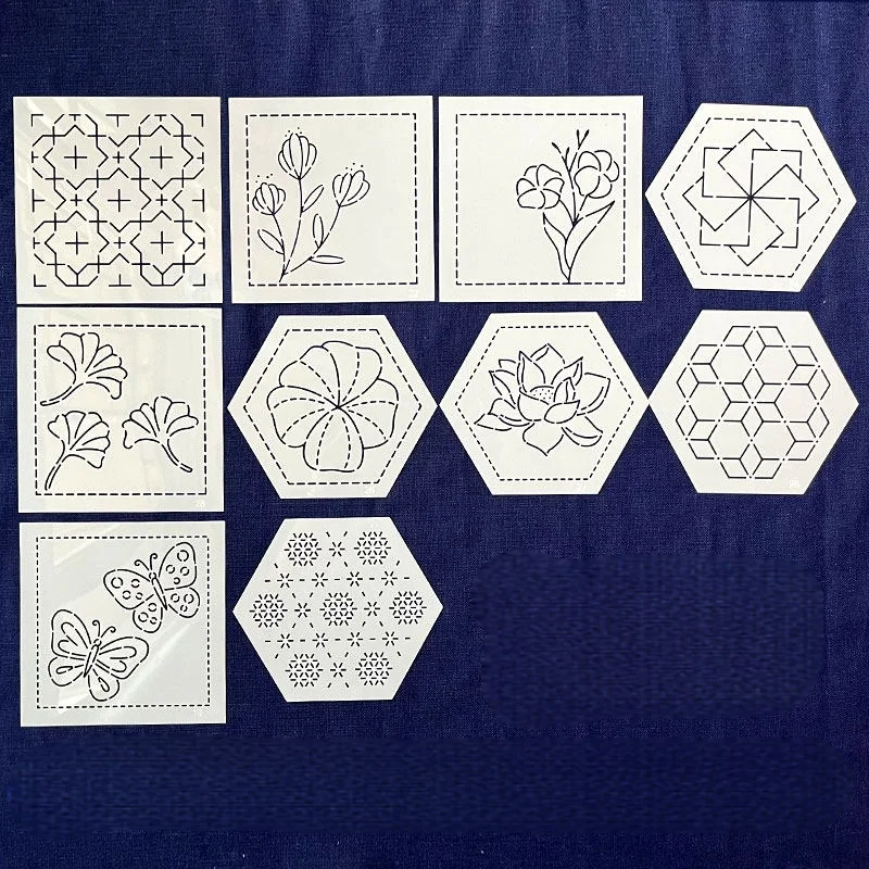 Sashiko Pattern Stencil Set – 10 Sheets, 12x12cm, Reusable Embroidery Templates for Tea Mats & Table Runners