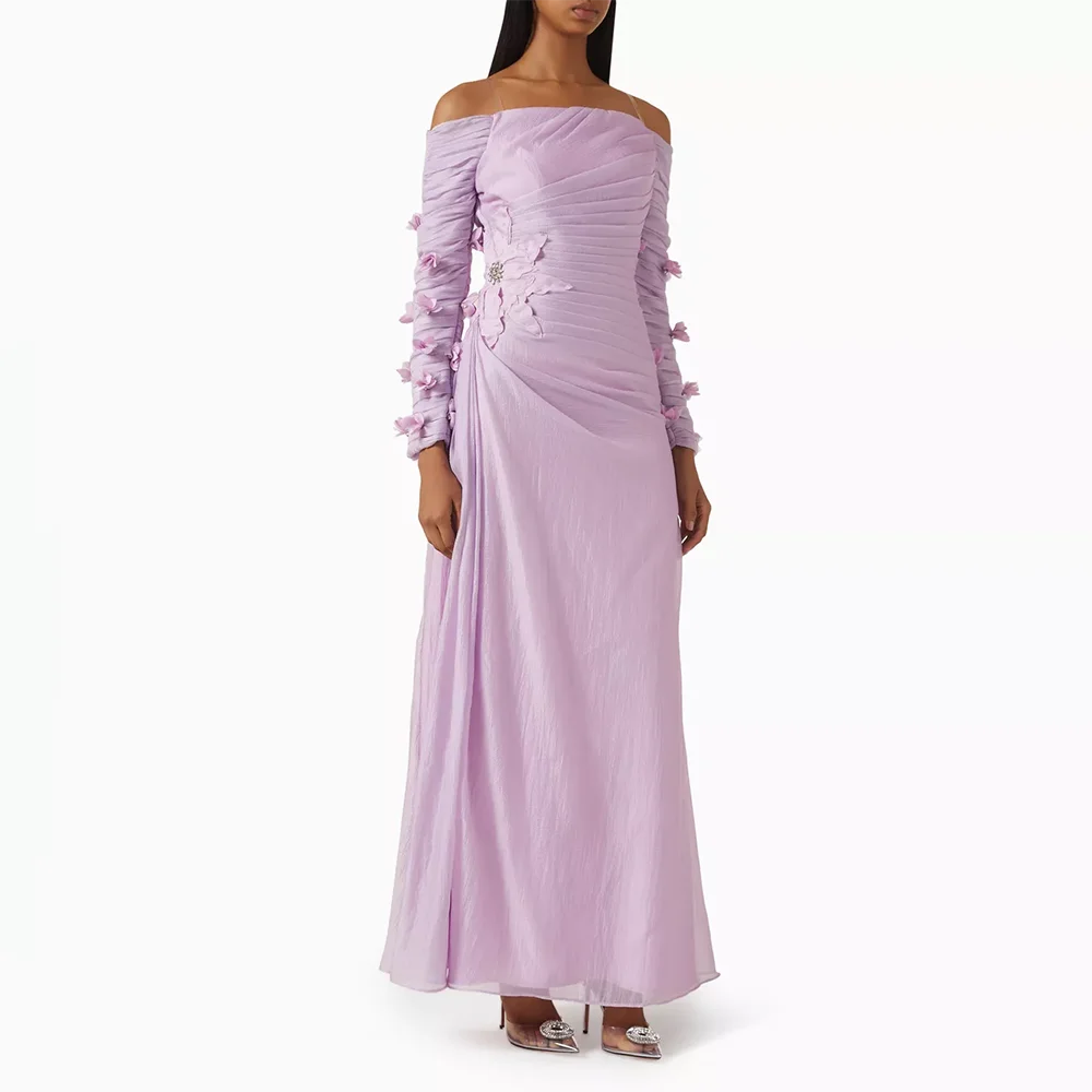 

Lilac Evening Dress Long Sleeves Applique Boat Neck Fashion Evening Gowns for Women 2025 A Line Wedding Party Dresses Customized